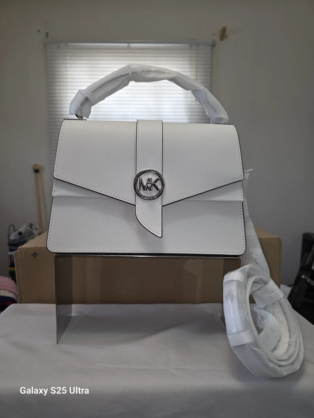 MICHAEL Michael Kors Greenwich Medium Saffiano Leather Satchel In Optic White